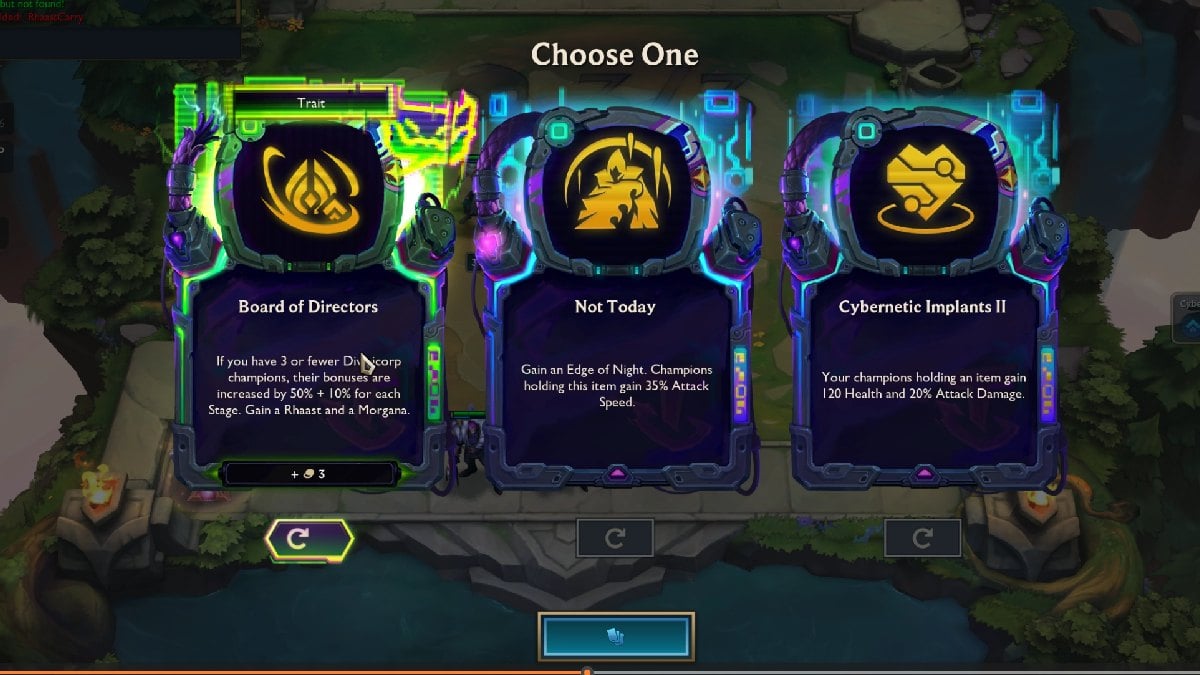 TFT Augment choice for gold augments in set 14 with hacked green trait augment for first choice