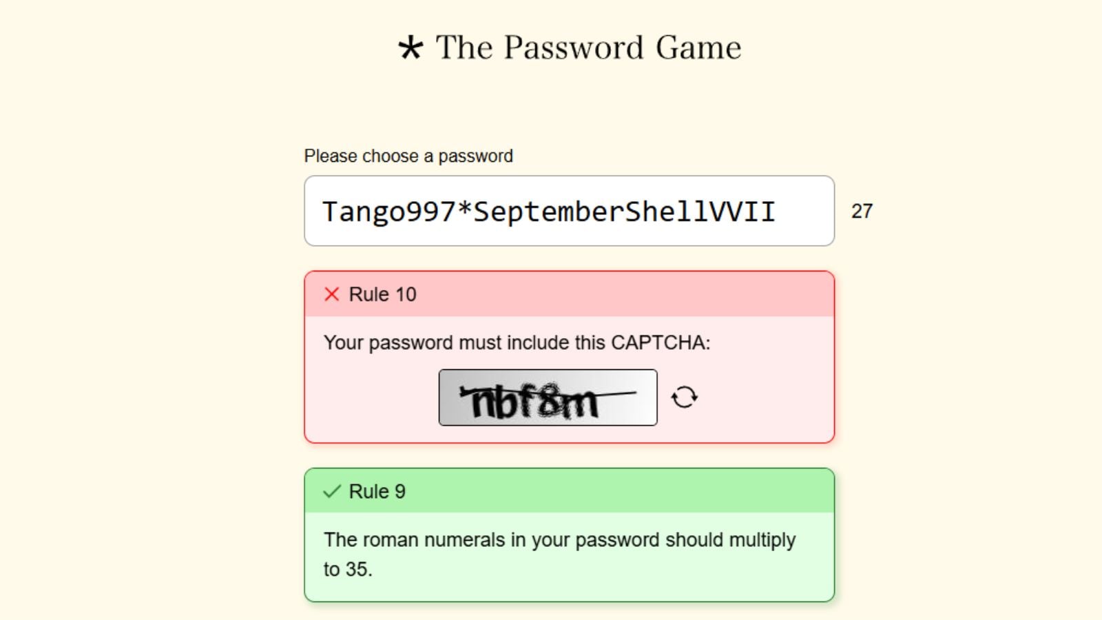 An example of password that satisfies Rule 9 and previous rules in The Password Game