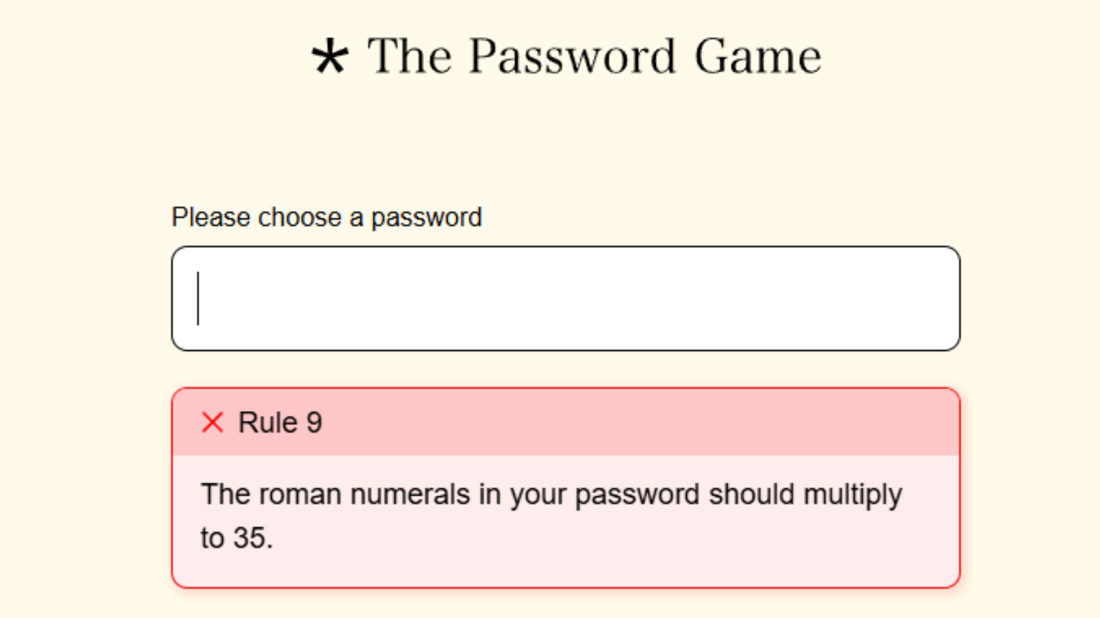 Rule 9 of The Password Game highlighted in red as it is still unsolved