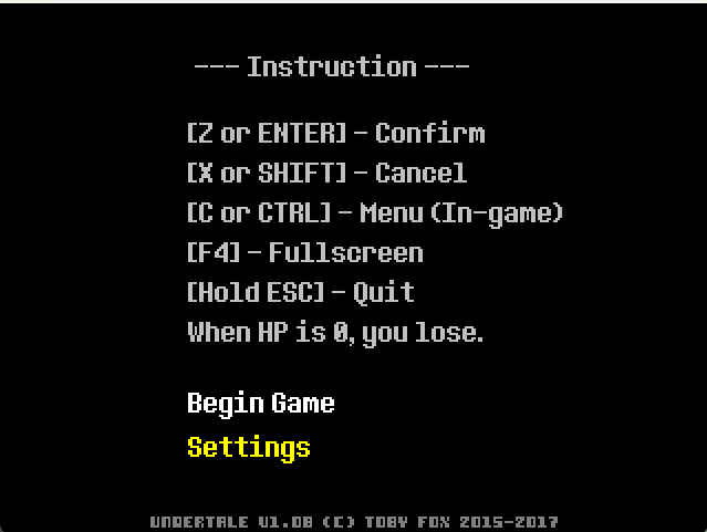 Image of Undertale's simple main screen, showcasing its buttons