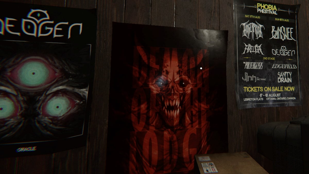 Three posters on a wall including one that says Deogen, one that says Demon of the Lodge, and a fake festival poster with ghost names and evidence types in Phasmophobia.