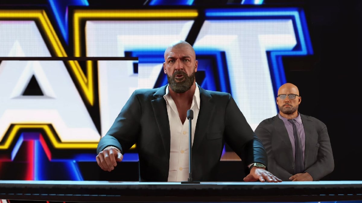 WWE 2K25 MyRise mode cutscene with triple H speaking on podium