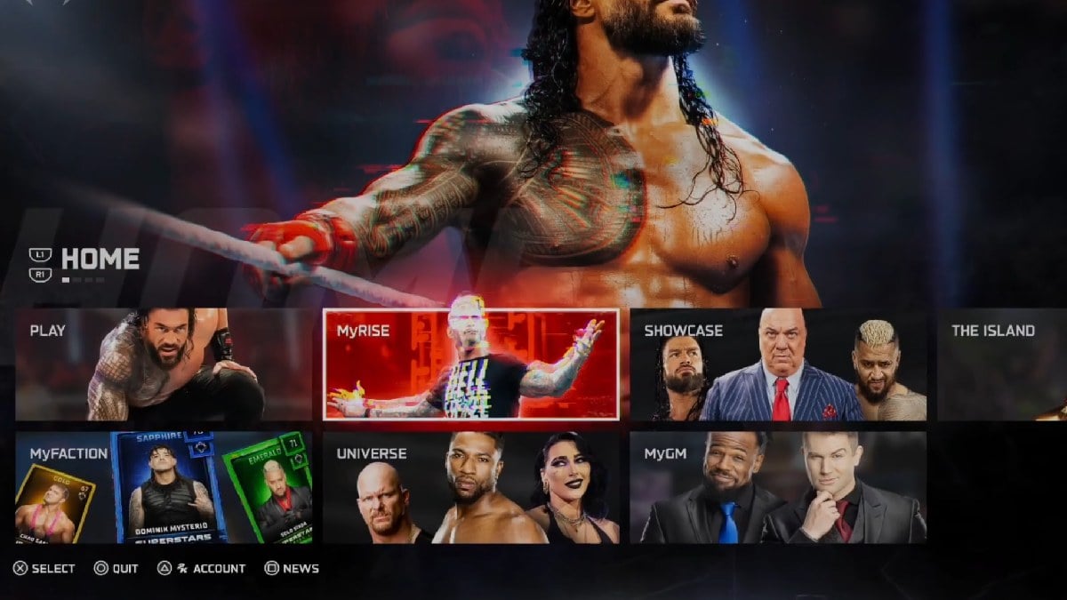 WWE 2K25 main menu selecting MyRise mode