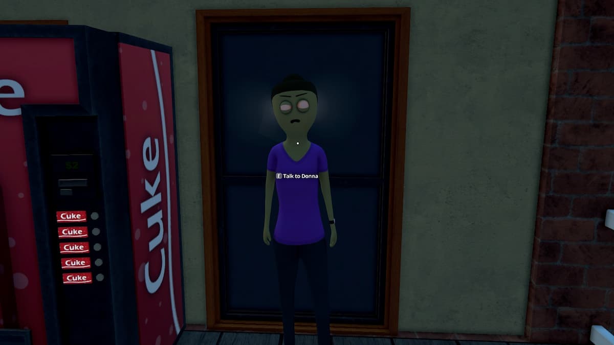 A woman turned into a zombie standing in front of an office door and next to a coke vending machine in Schedule 1.