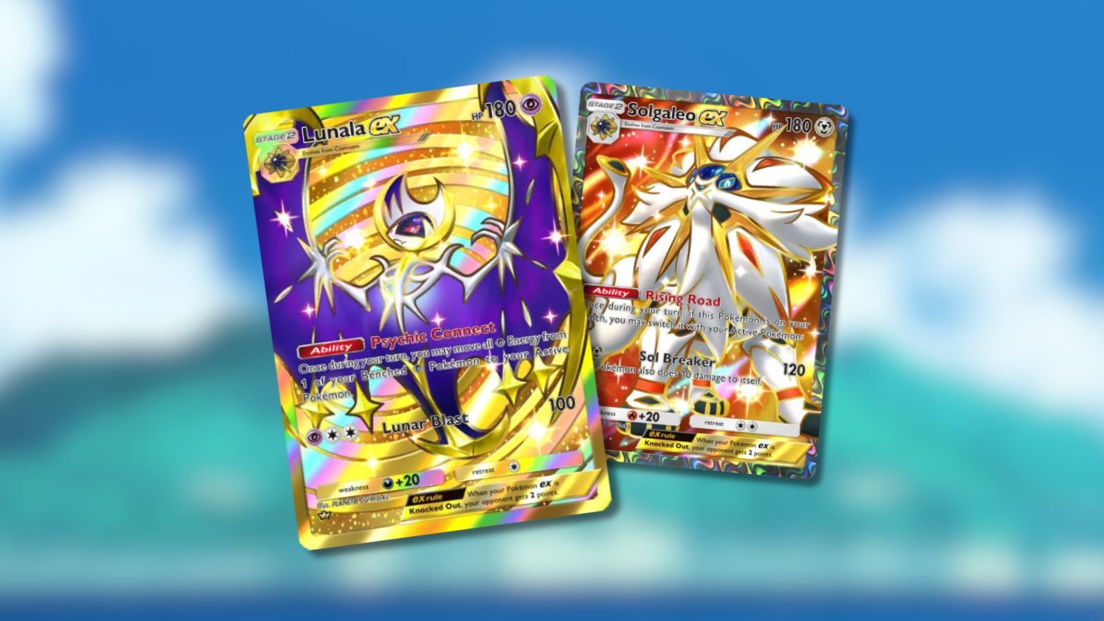 Lunala ex and Solgaleo ex Pokémon Pocket cards on a blurred anime background.