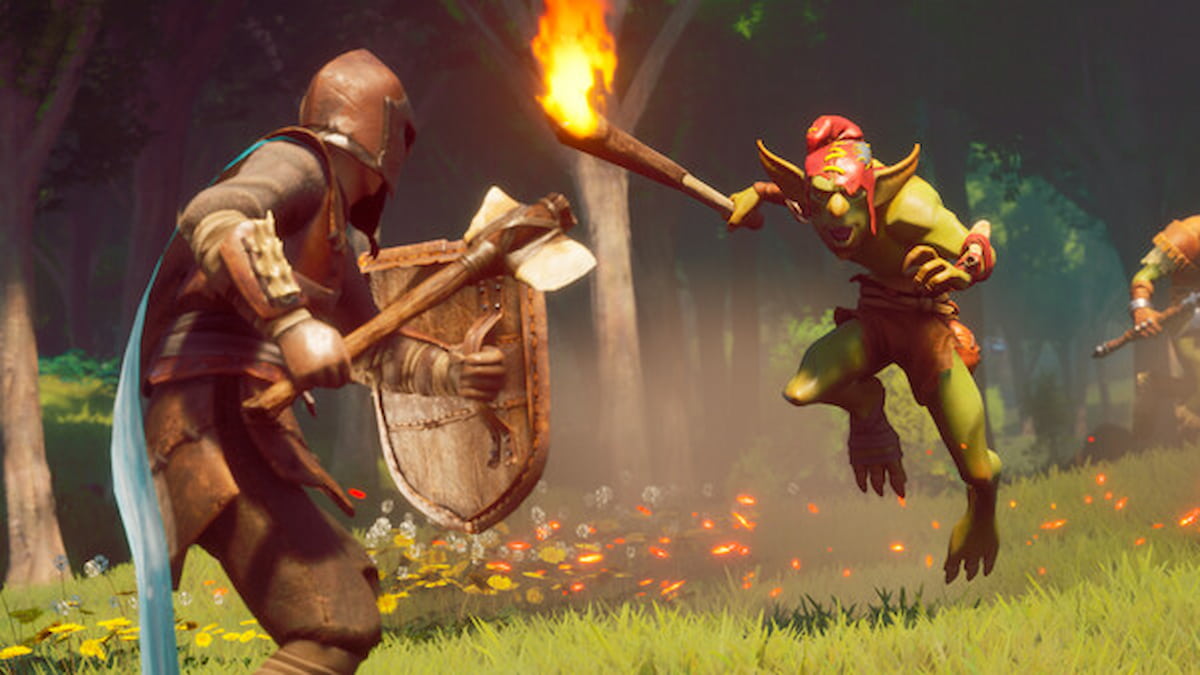 Picture showing the player using the one-handed melee weapon to fight a goblin in RuneScape Dragonwilds.