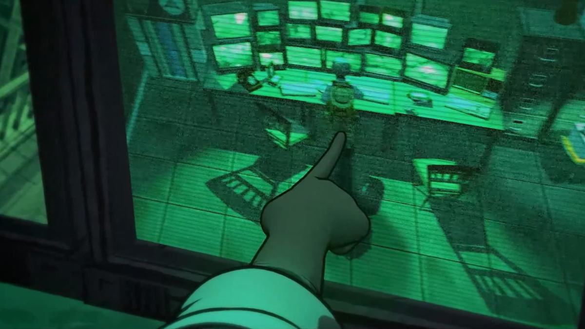 Close up of Simon's finger pointing at the monitor at the back of himself inside the Security Room in Blue Prince