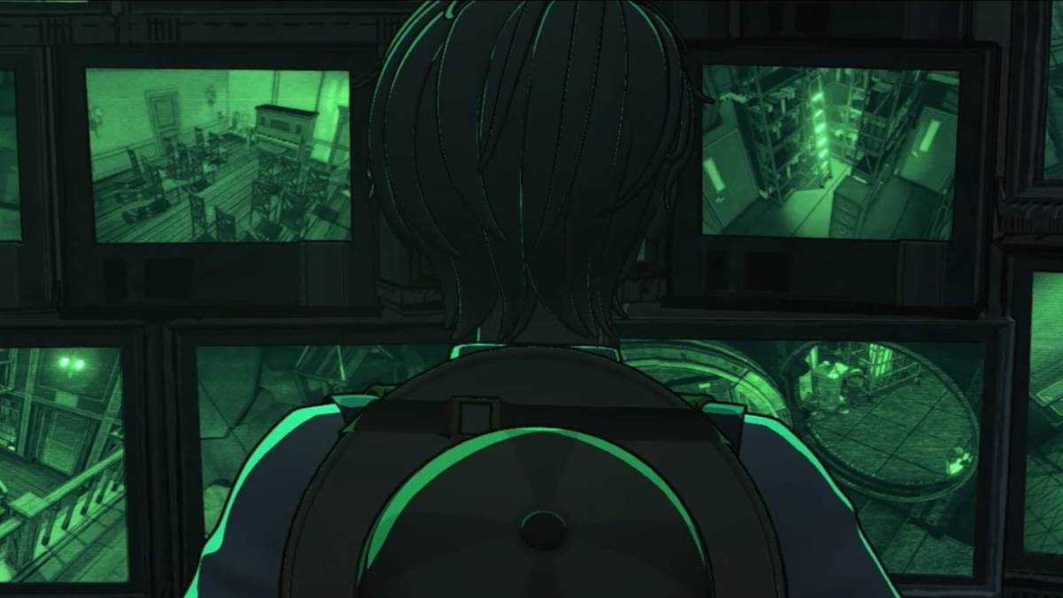 The back of the protagonist looking at the monitors inside Security
