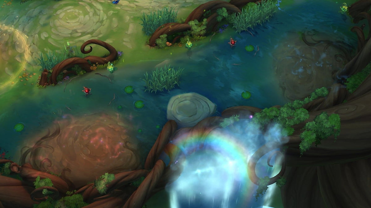 Picture showing League of Legends Brawl game mode's side lanes with a waterfall where players can get their buffs.