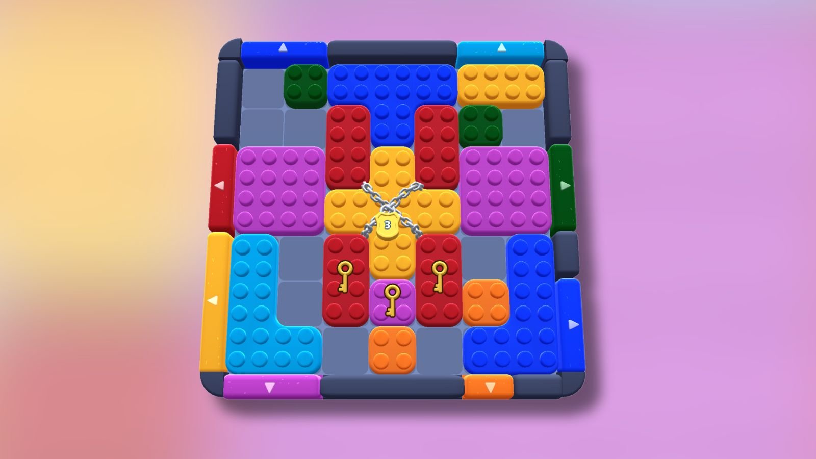 Color Block Jam level 45 puzzle shown on a multicoloured hazy background.