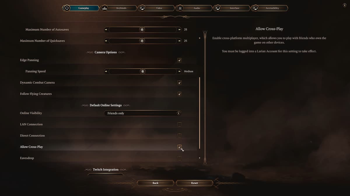 Crossplay option in Baldur's Gate 3