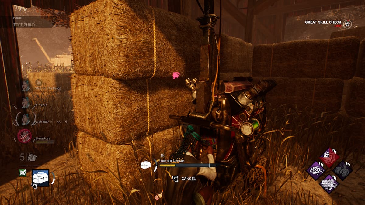 a survivor on a generator with the killer aura in the background