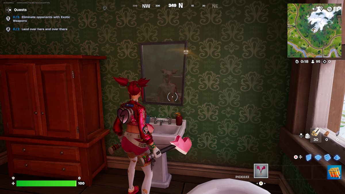 player with pink hair looking in the mirror