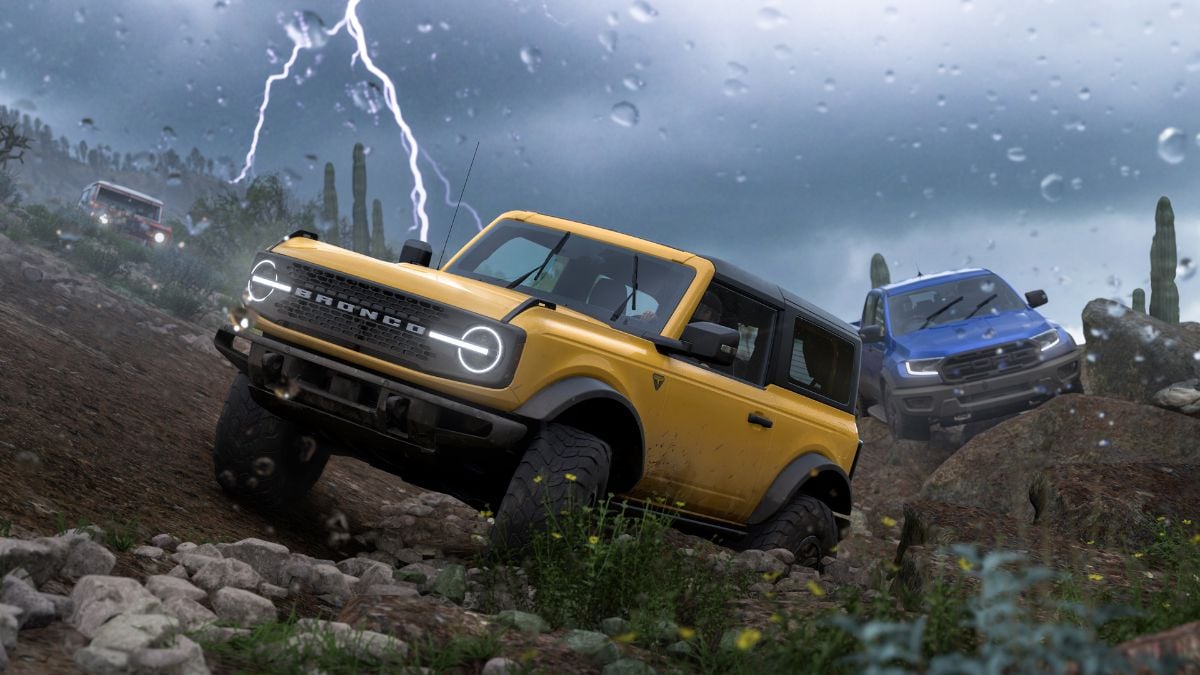 A Forza Horizon 5 vehicle on hilly terrain.