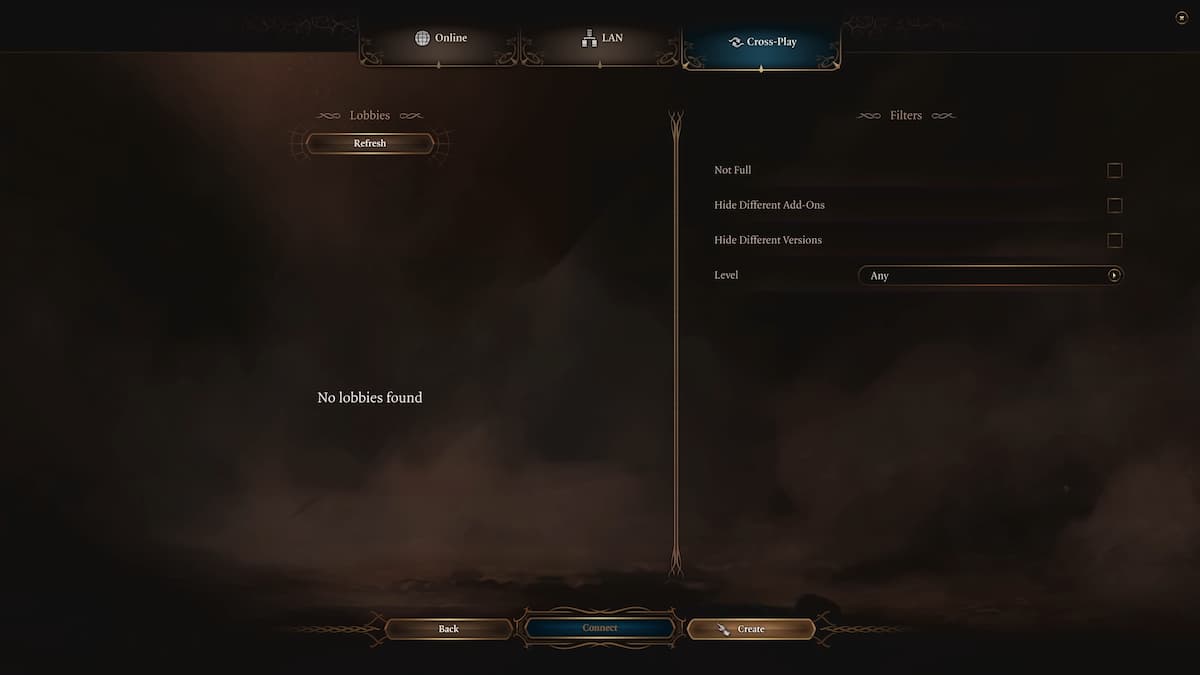 Crossplay lobby option in Baldur's Gate 3