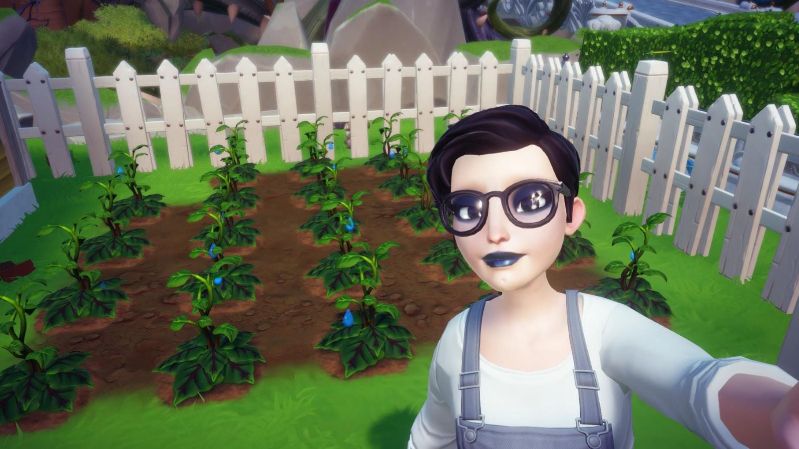 Character in Disney Dreamlight Valley harvesting plants and taking a selfie.