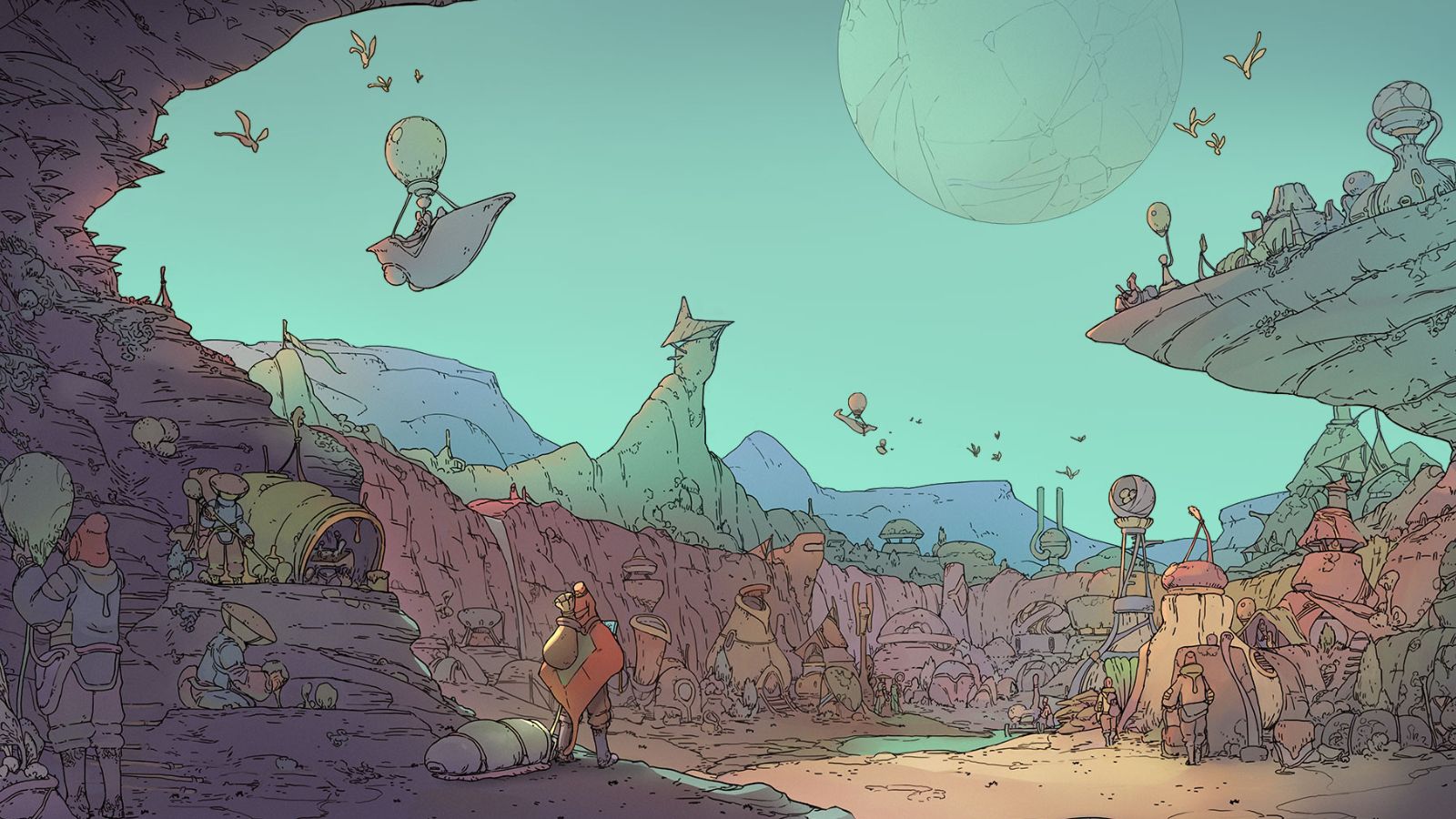 Synergy city builder key artwork showing pastel futuristic city settlement in space.