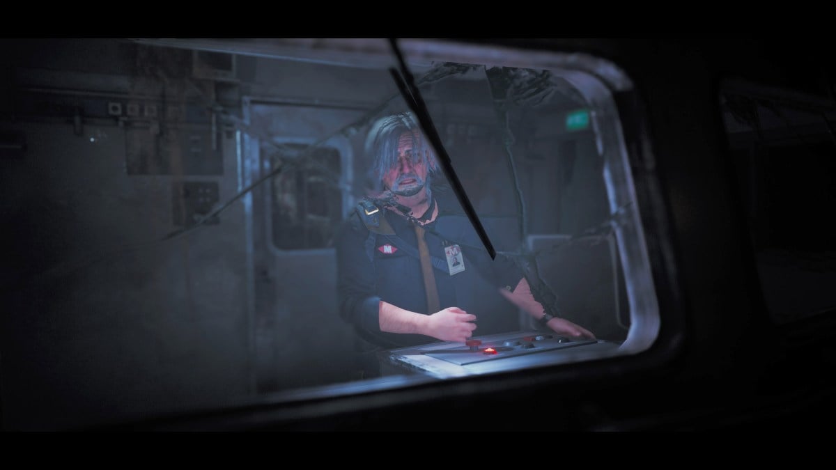 Roman using the brakes on the conductor controls inside the train at start of Post Trauma
