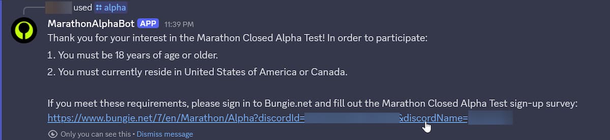 The invite link for the Marathon Closed Alpha provided in Discord.
