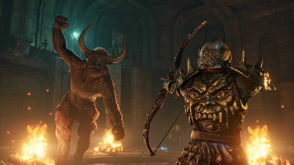 A player fighting a Minotaur in Oblivion Remastered.