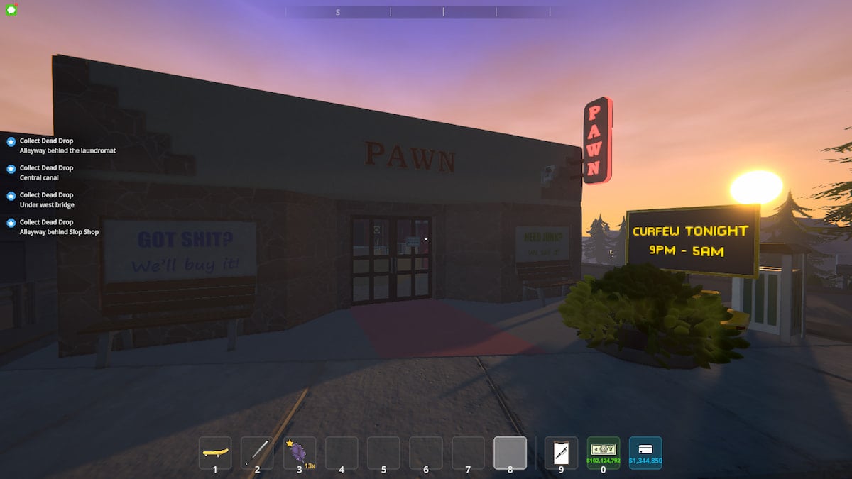 Picture showing the Pawn Shop in the evening in Schedule 1.
