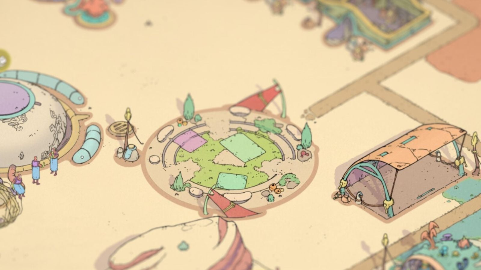 Desert district settlement in Synergy city builder game with other buildings dotted around it.