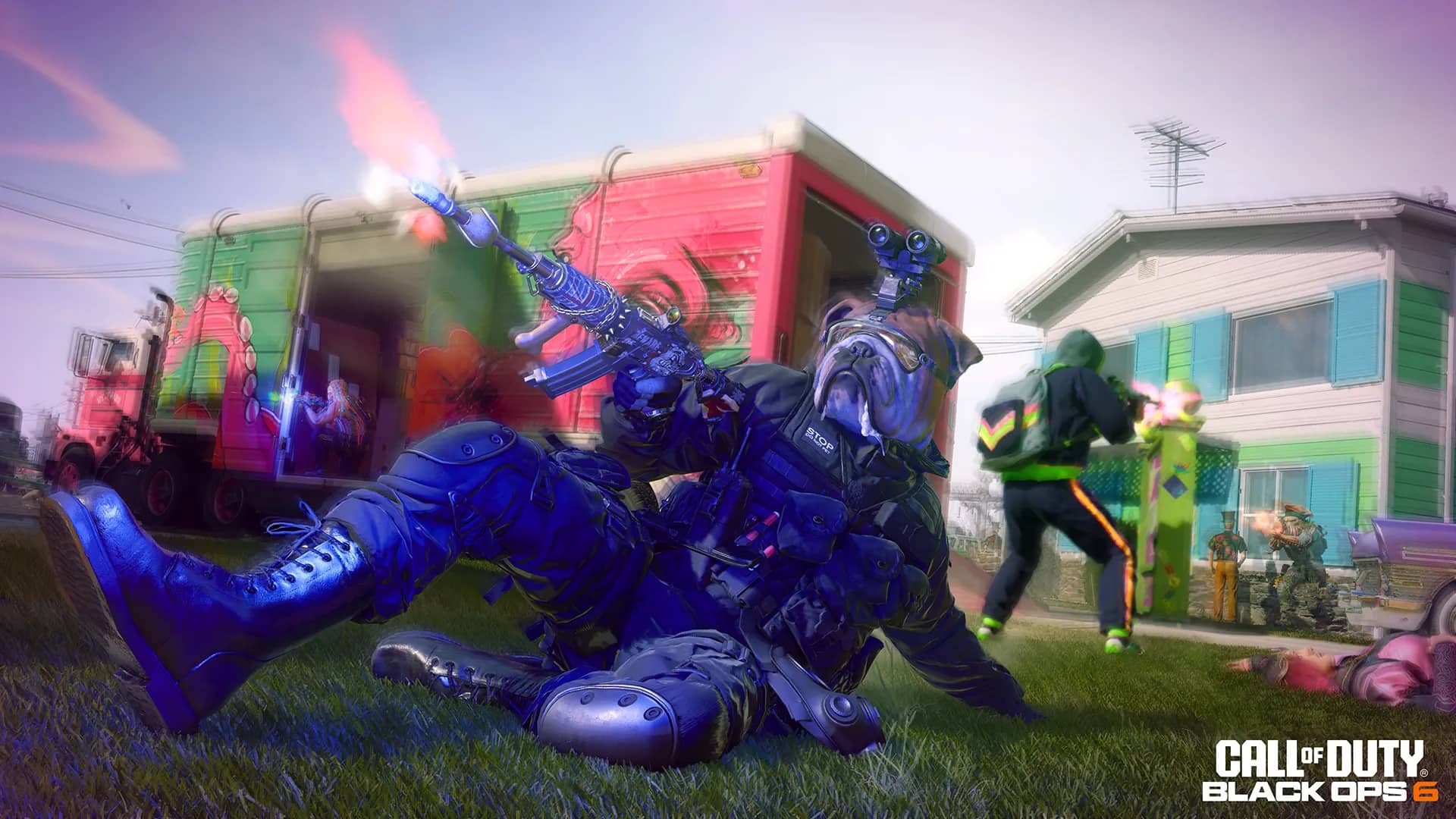 An operator with a bulldog face slides while firing in a Joint Operations LTM match on Blazetown map in Black Ops 6.