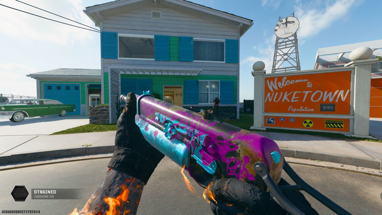 Inspecting the PP-919 SMG on Nuketown in Black Ops 6. The Strained blueprint gives the gun a violet and light blue color scheme.