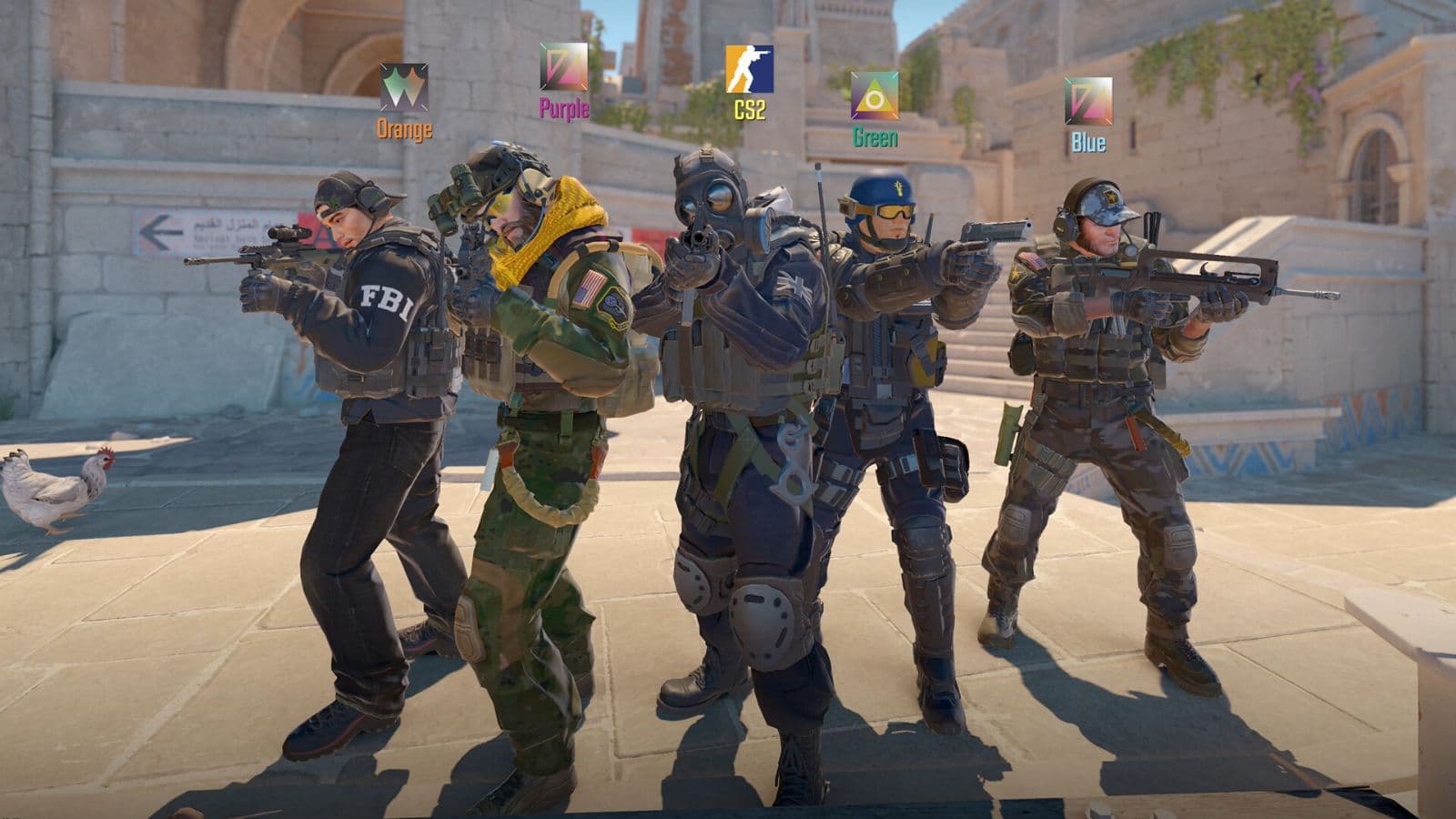 CS2 characters, each holding a gun while posing on Anubis map