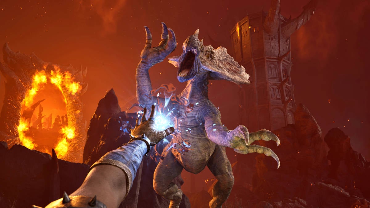 Fastest way to level up in Oblivion Remastered: A mage is striking an enemy dinosaur beast with ice magic while in Oblivion.