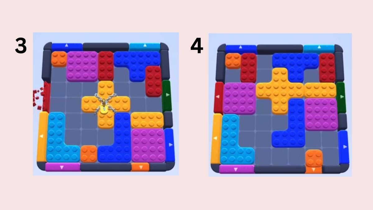 Color Block Jam level 45 solution screenshots pasted on a pink background.