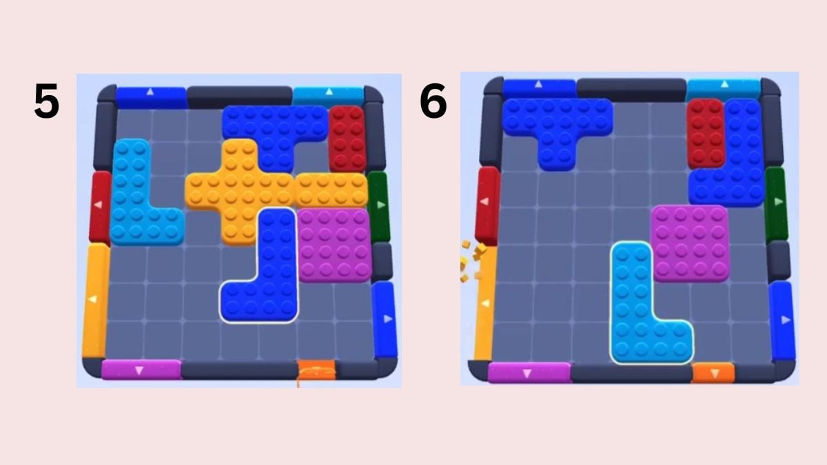 Color Block Jam level 45 solution screenshots pasted on a pink background.