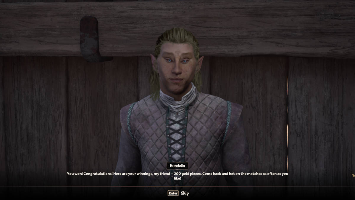 Oblivion Remastered luck explained: the player has just won 200 gold by gambling at the arena and is congratulated by Hundolin, an elf.