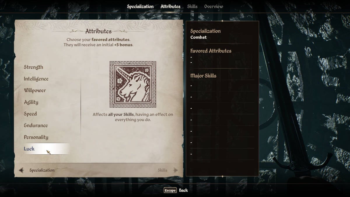 Oblivion Remastered luck explained: the custom class menu with the luck stat selected.