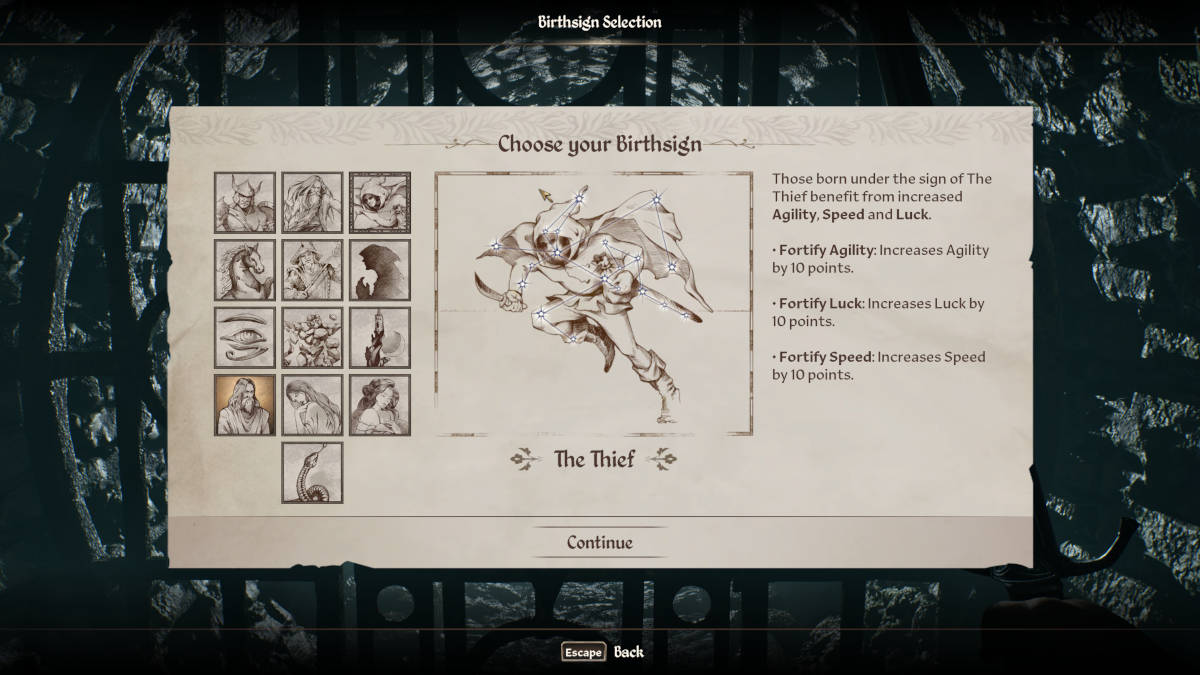 Oblivion Remastered luck explained: the Thief Birthsign is currently selected, which fortifies agility, luck, and speed by ten points each.