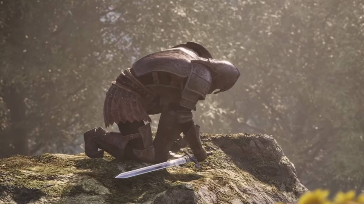 Oblivion Remastered luck explained: a knight kneels down on a rock with a sword in his right hand.