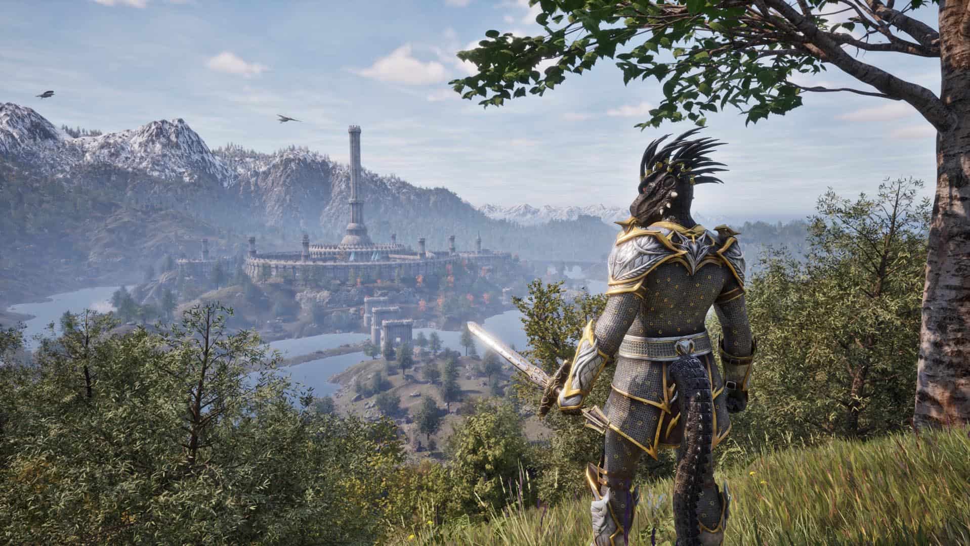 A character holding a sword in Oblivion