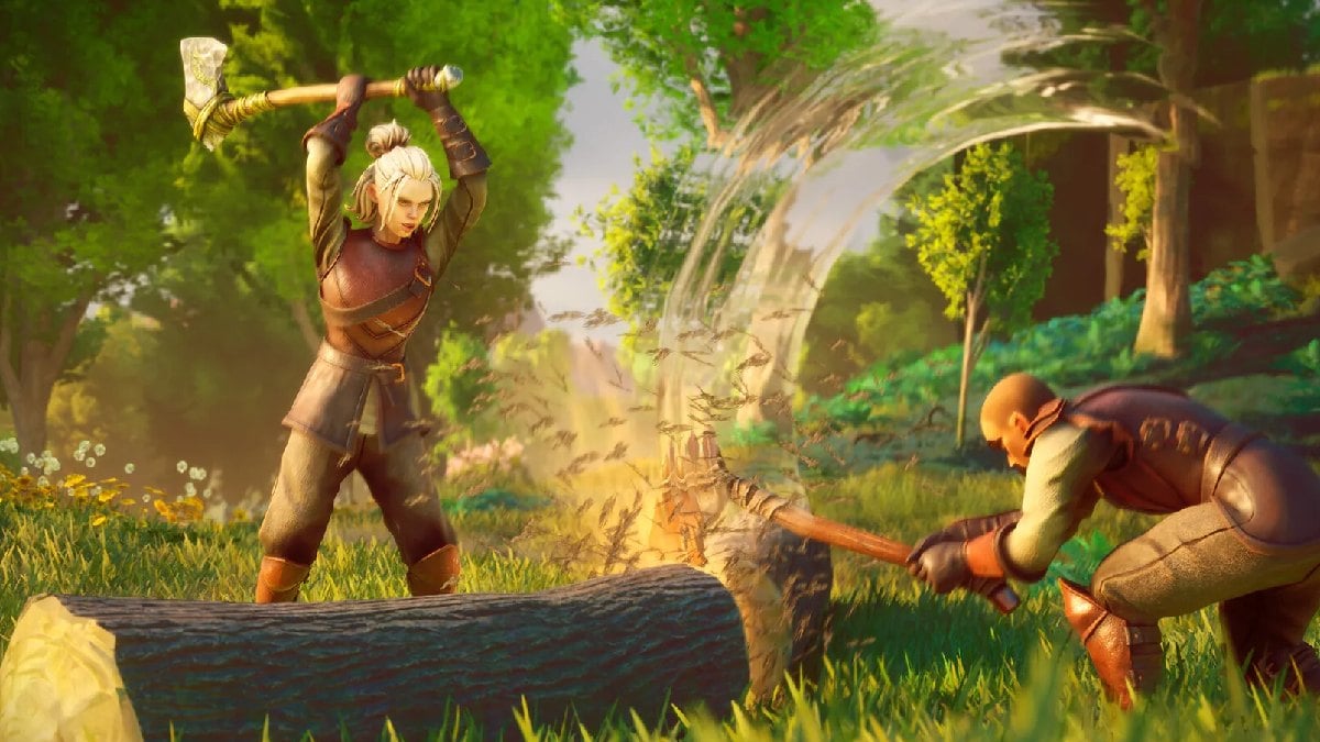 Runescape Dragonwilds two characters chopping down log on forest floor with axes