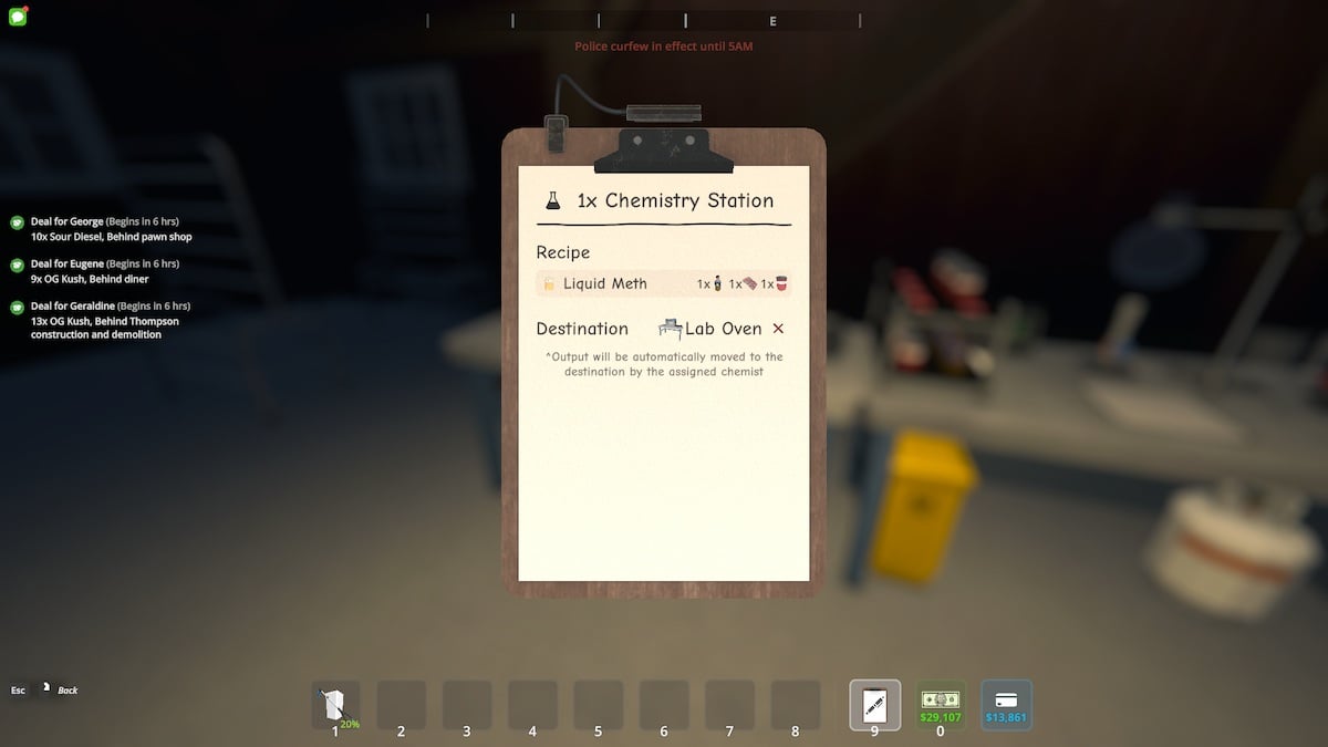 Tweaking the Chemistry Station's settings in Schedule 1.
