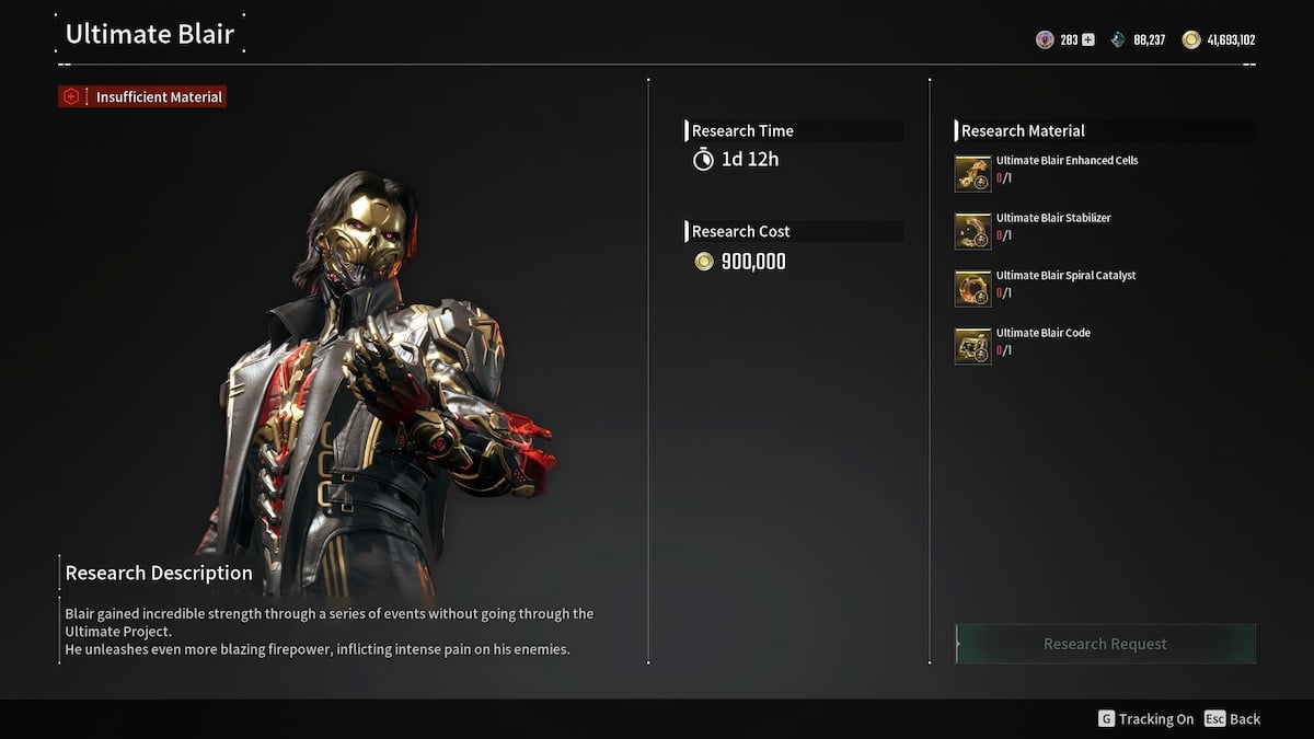 Ultimate Blair research screen in The First Descendant