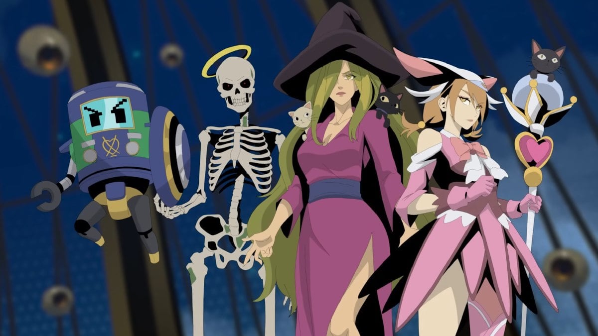 Vampire Survivors anime style characters standing together in cinematic