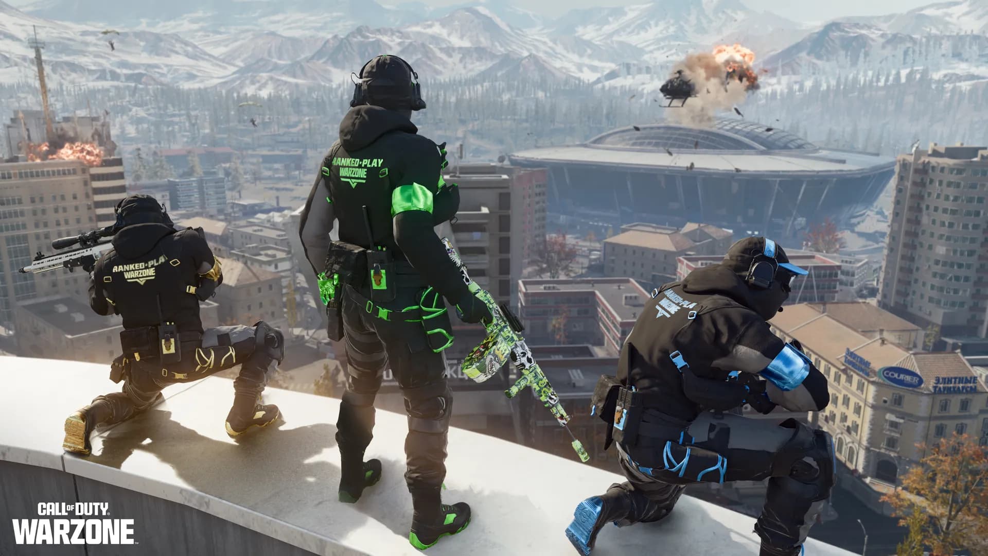 Warzone Ranked Play operators, wearing suits with yellow, green, and blue accents, look for enemies while on a building ledge in Verdansk.