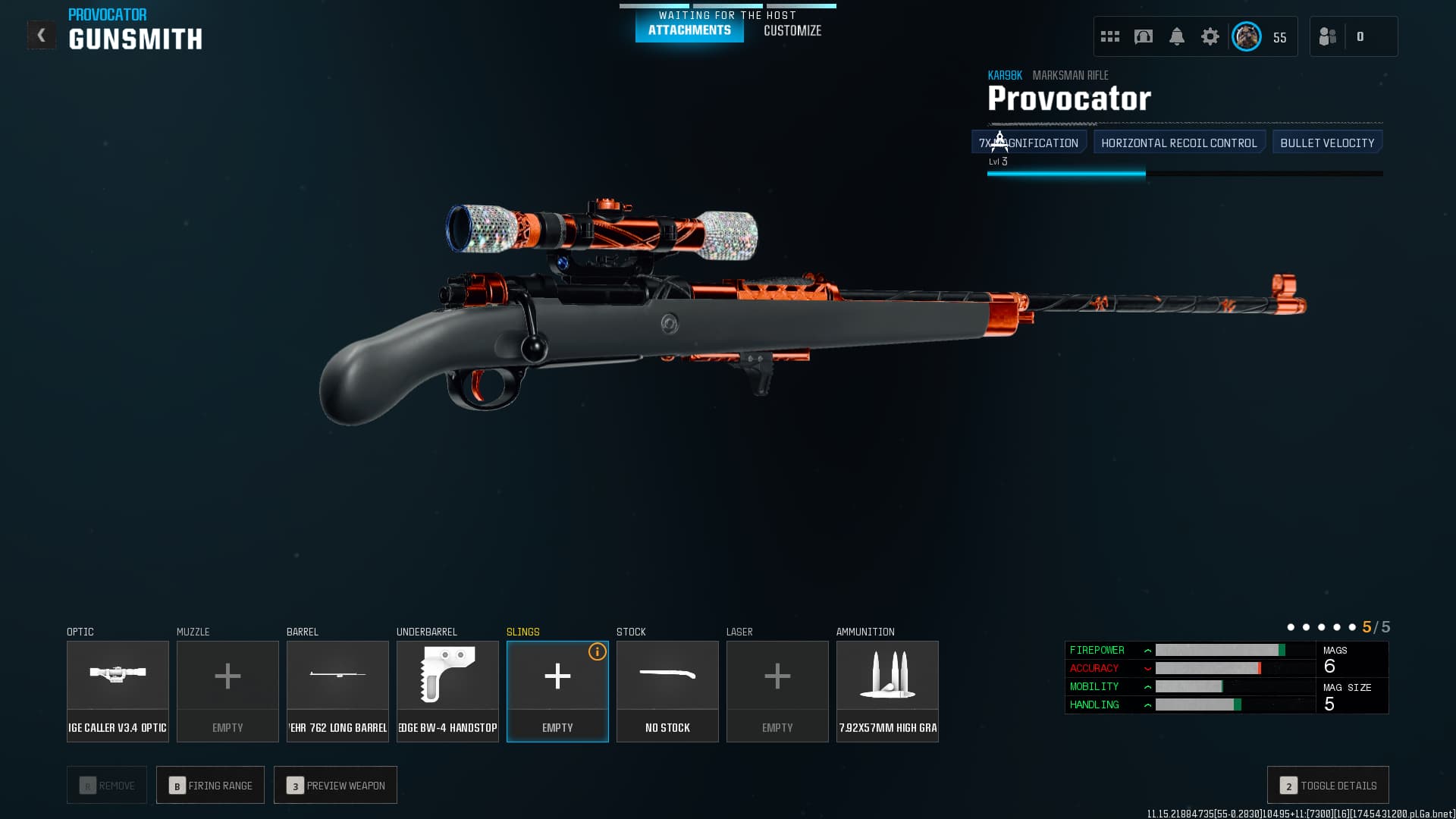 Kar98k loadout, one of the best snipers in Warzone season 3. The Provocator blueprint gives the gun accents of red, orange, and silver.