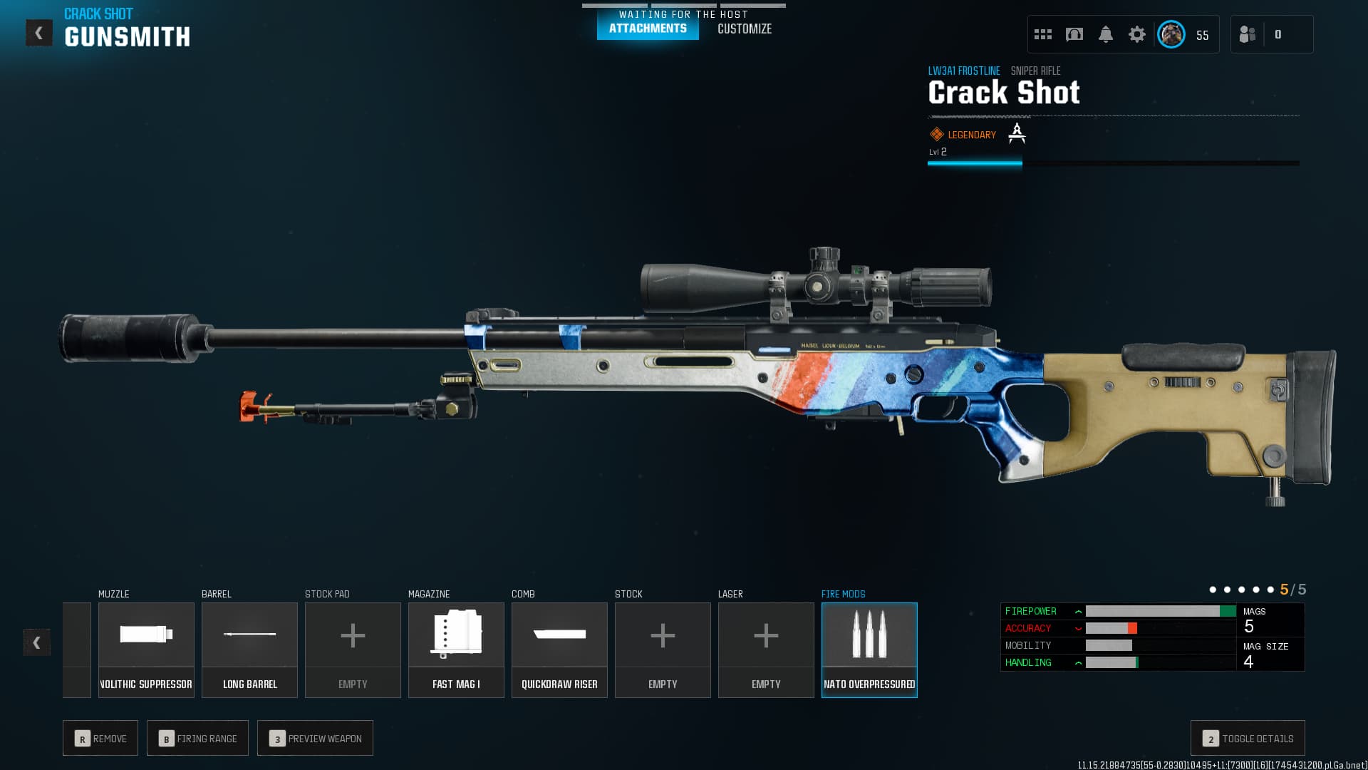 LW3A1 Frostline loadout, one of the best snipers in Warzone season 3. The Crack Shot blueprint gives the gun with blue, light, blue, silver, and red colors.
