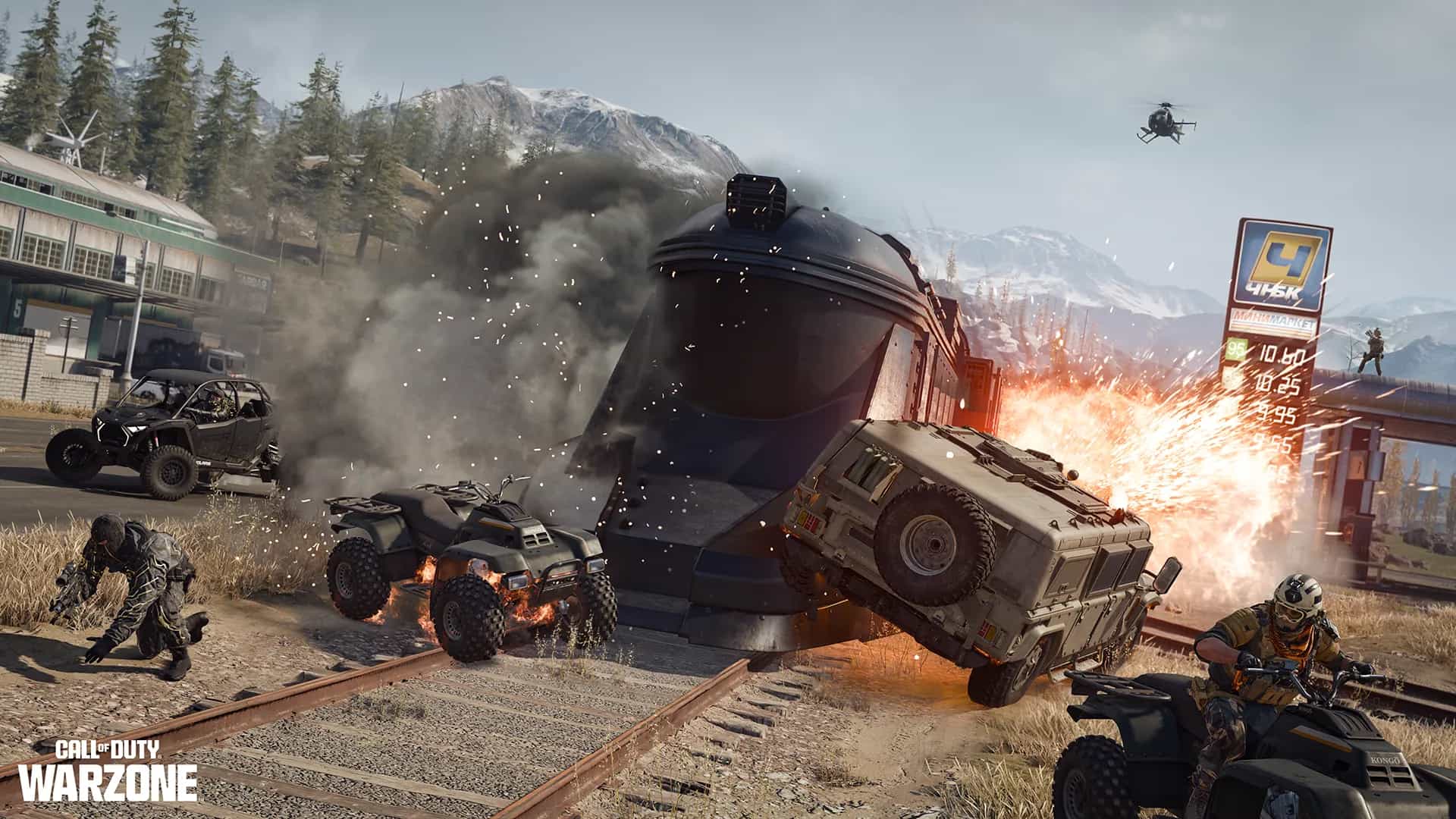 Moving train ramming through vehicles on Verdansk as part of the Warzone season 3 Reloaded update