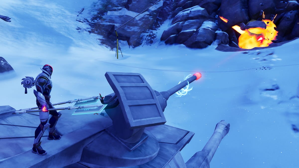 Picture showing a cannon shooting a pile of rocks to make way for the secret vault of the Secret Empire Cache in Fortnite.