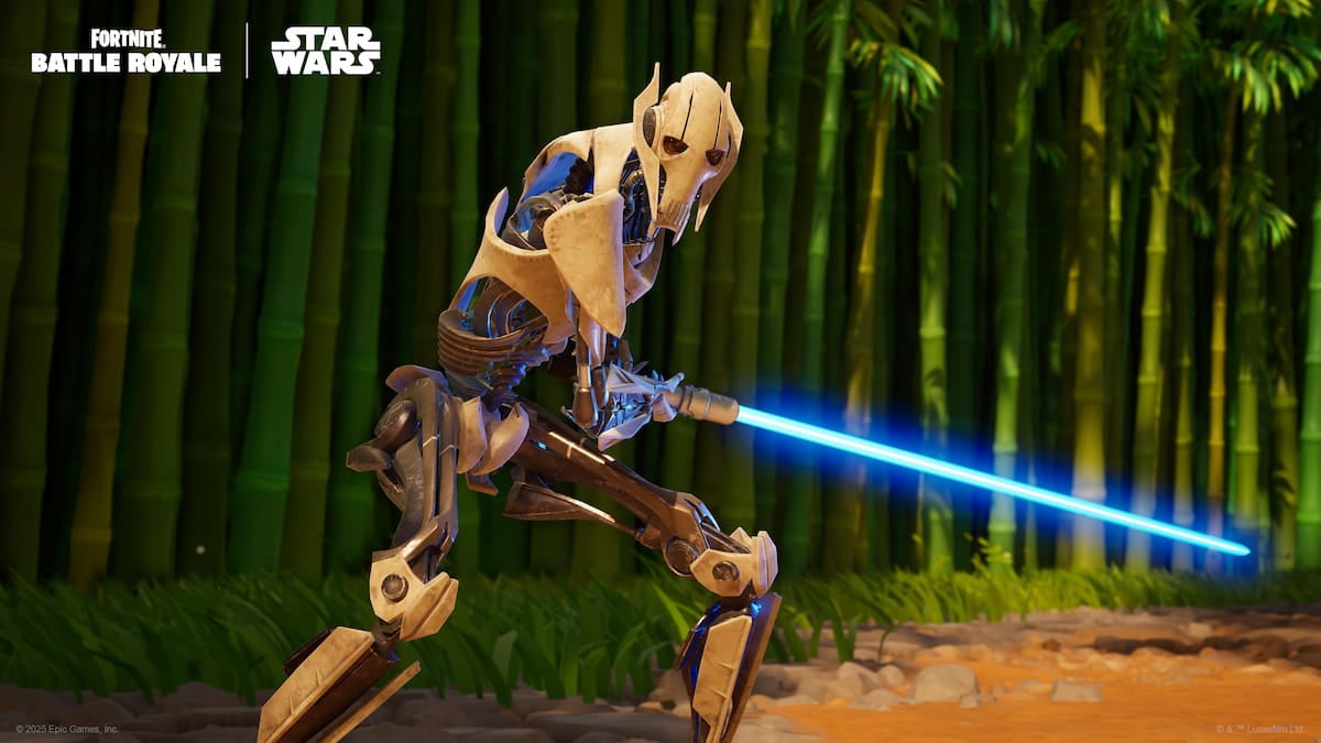 Picture showing General Grievous holding a lightsaber in Fortnite.