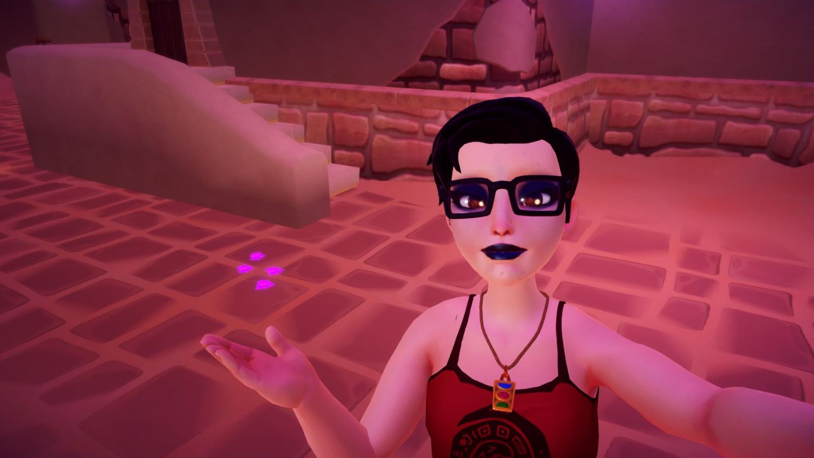 Disney Dreamlight Valley player with black hair and glasses next to pink More than a Mirage paw prints.