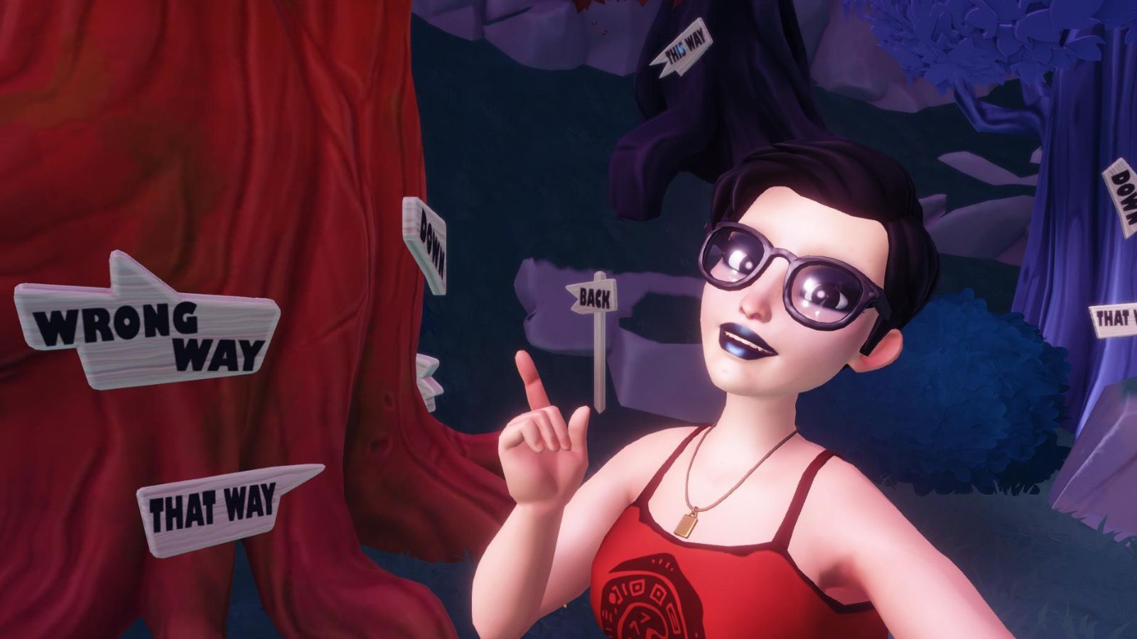 Disney Dreamlight Valley player with black hair and glasses posing by the Cheshire Cat's tree.