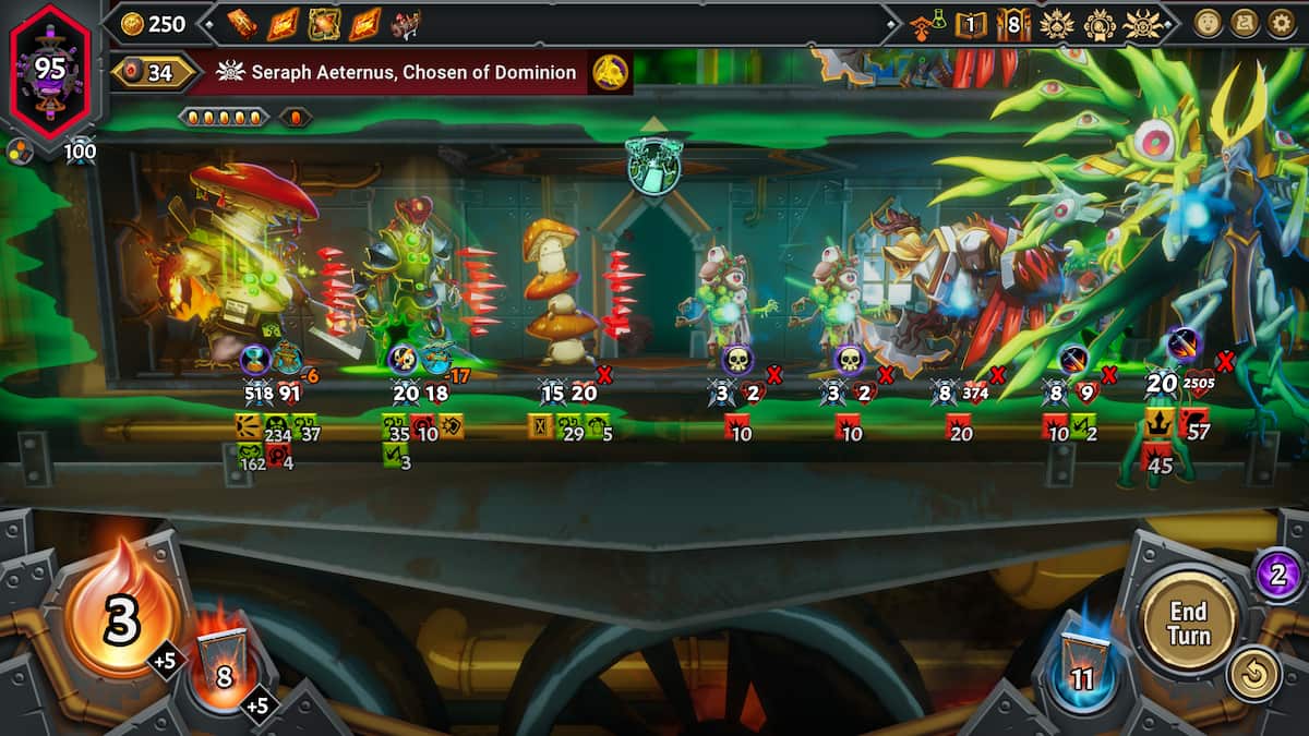 Picture showing the Bolete the Guillotine champion fighting the final boss in Monster Train 2.